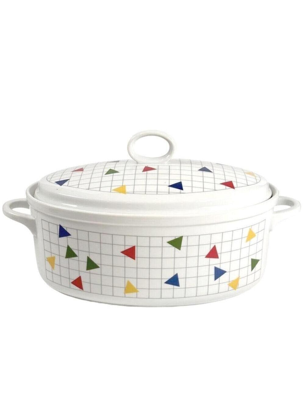 Porcelain Oval Casserole Memphis Style Triangle Grid Pattern 1980s Geometric